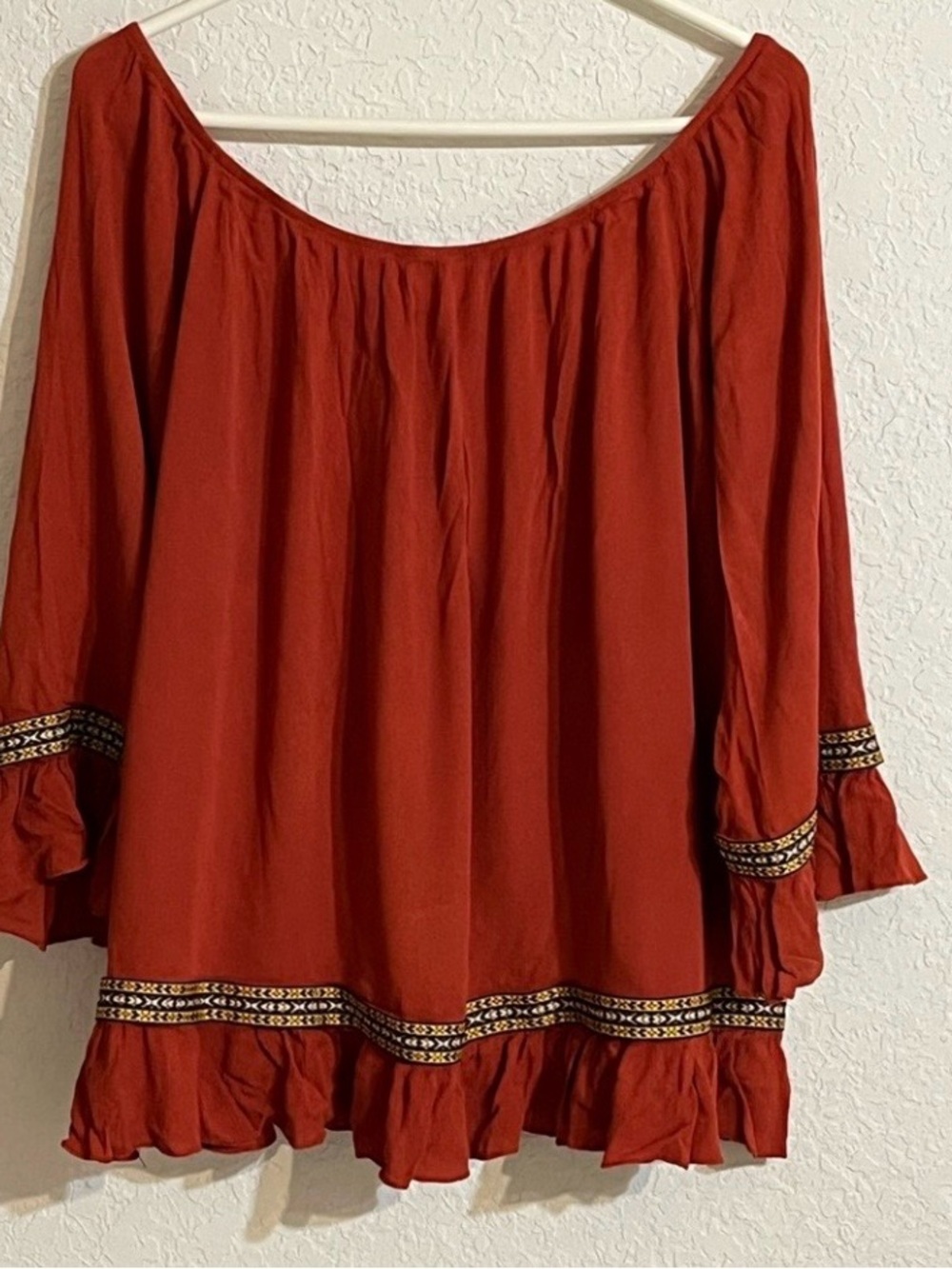 Easel Off Shoulder Size L Rust Peasant Blouse Ruffle Bell Sleeve Boho - Picture 3 of 10